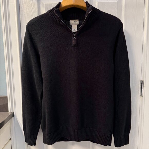 L.L. Bean Jet Black Cotton Knit 1/4 Zip Pullover Sweater Size Large - Picture 1 of 6